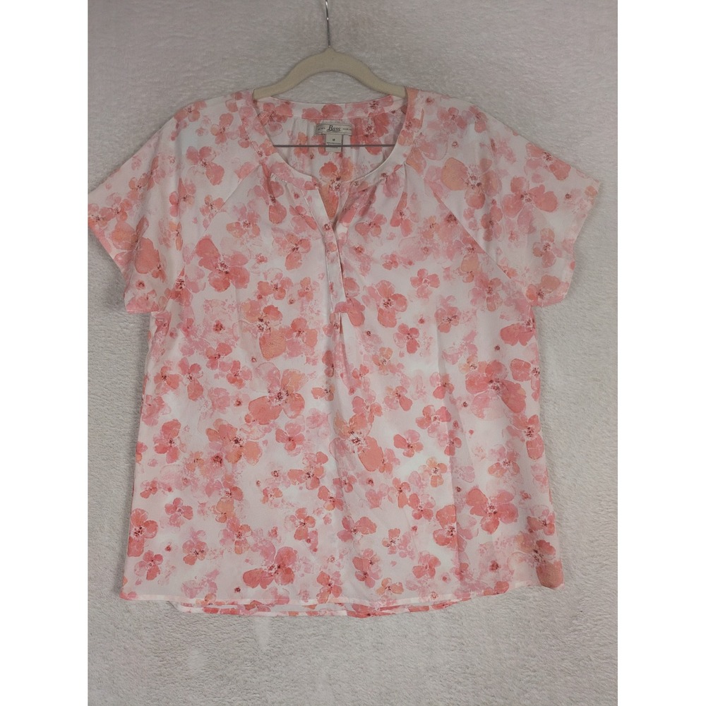 Bass Blouse Women's Medium Pink Floral Split Neck Short Sleeve Pleated Chiffon
